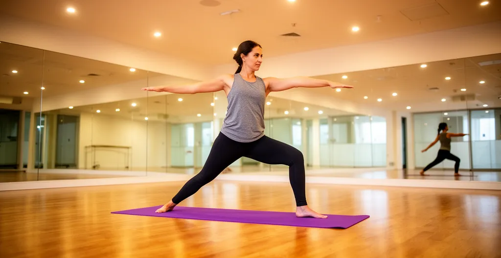 Personne en posture du guerrier sur tapis violet dans un studio de yoga spacieux