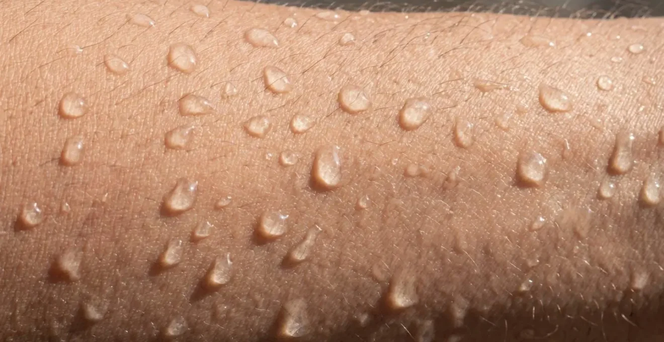 Gros plan sur des gouttelettes de transpiration perlant à la surface de la peau d'un avant-bras, avec un éclairage latéral naturel créant du relief sur les gouttes