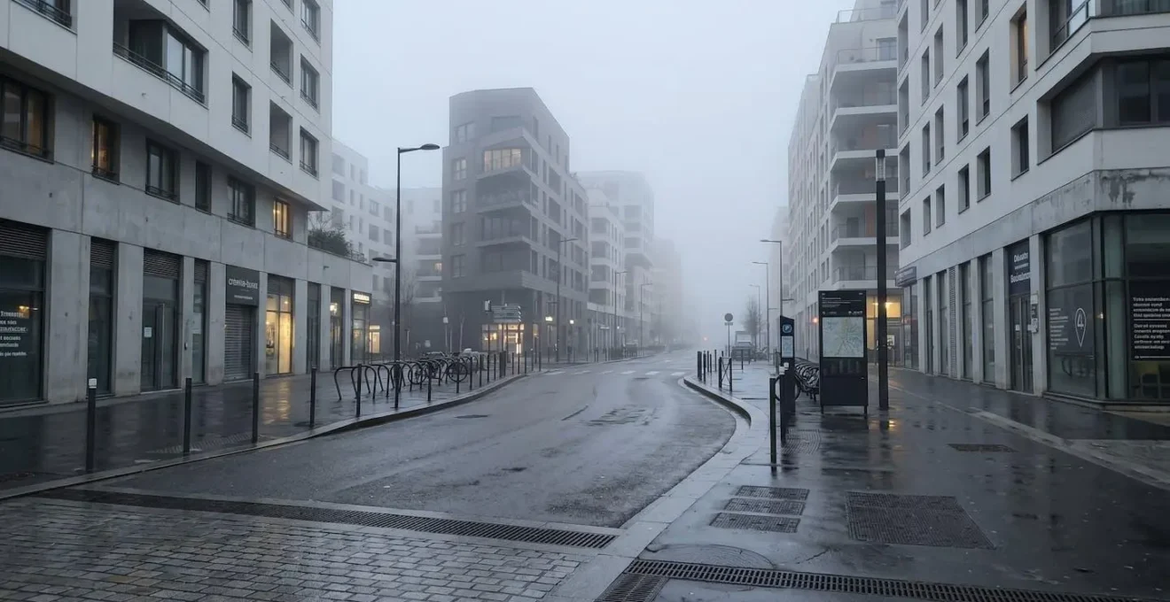 Rue urbaine française au petit matin avec brouillard dense et surfaces saturées d'humidité, atmosphère lourde et vapeur visible dans l'air