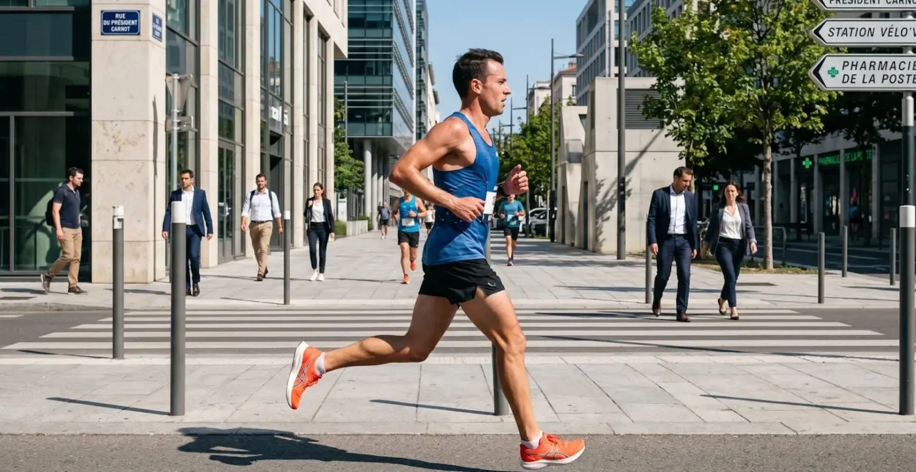 Coureur vu de profil en plein effort sur un parcours urbain français, avec transpiration visible sur la peau et le vêtement technique, sous une lumière naturelle vive