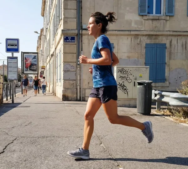 Coureur vu de profil en plein effort sur un parcours urbain français, avec transpiration visible sur la peau et le vêtement technique, sous une lumière naturelle vive