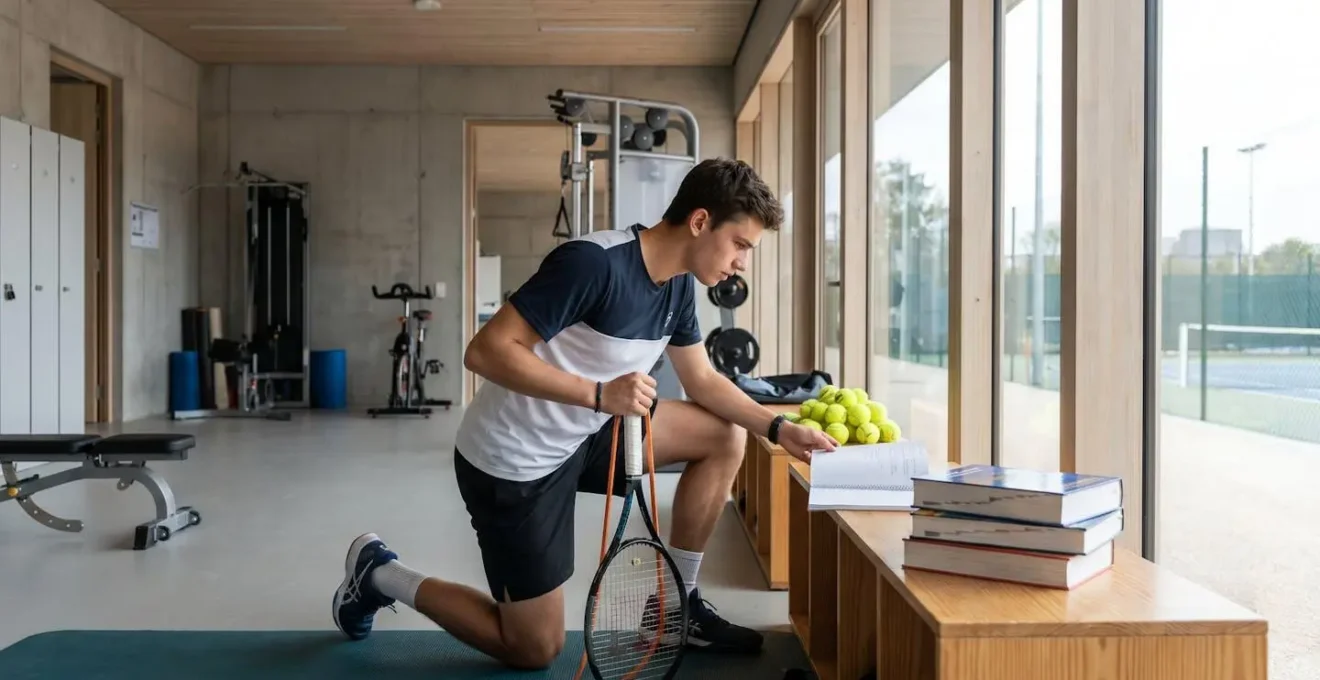 Étudiant-athlète dans une salle de préparation physique moderne avec matériel de tennis et livres scolaires
