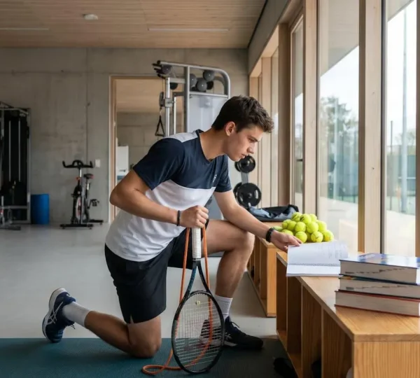 Étudiant-athlète dans une salle de préparation physique moderne avec matériel de tennis et livres scolaires