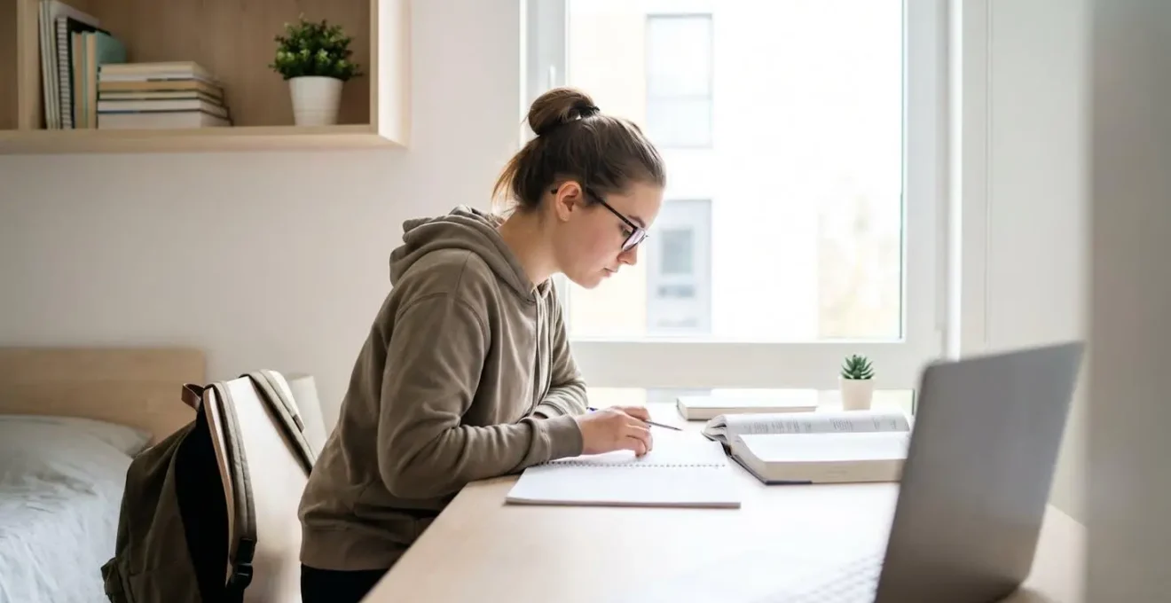 Étudiant concentré en révision dans un espace d'étude moderne et organisé