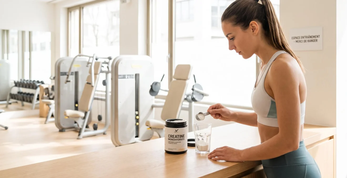 Pratiquant de musculation préparant sa supplémentation en créatine monohydrate dans une salle de sport moderne, avec un verre contenant de la poudre blanche sur un comptoir épuré