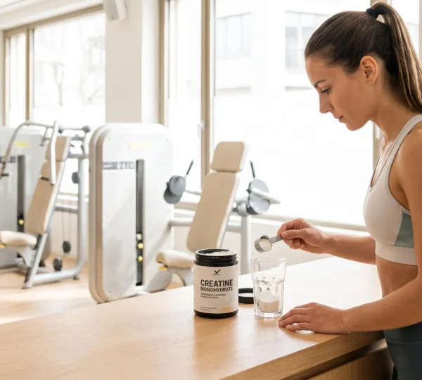 Pratiquant de musculation préparant sa supplémentation en créatine monohydrate dans une salle de sport moderne, avec un verre contenant de la poudre blanche sur un comptoir épuré