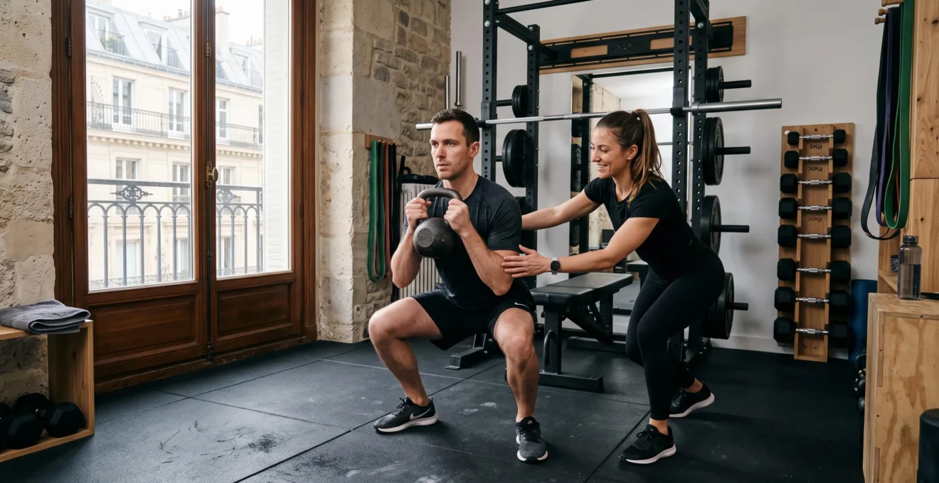 Un coach corrige la posture d'un client lors d'une séance dans un studio privé parisien.
