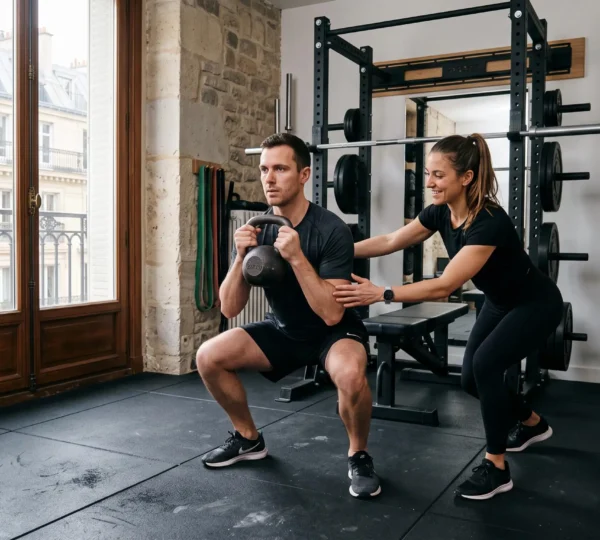 Un coach corrige la posture d'un client lors d'une séance dans un studio privé parisien.