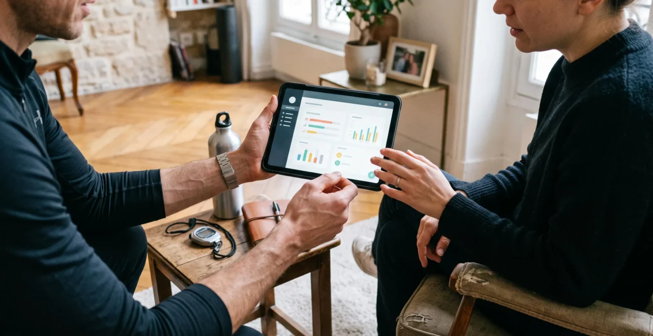 Un coach présente un programme d'entraînement sur tablette à un nouveau client.