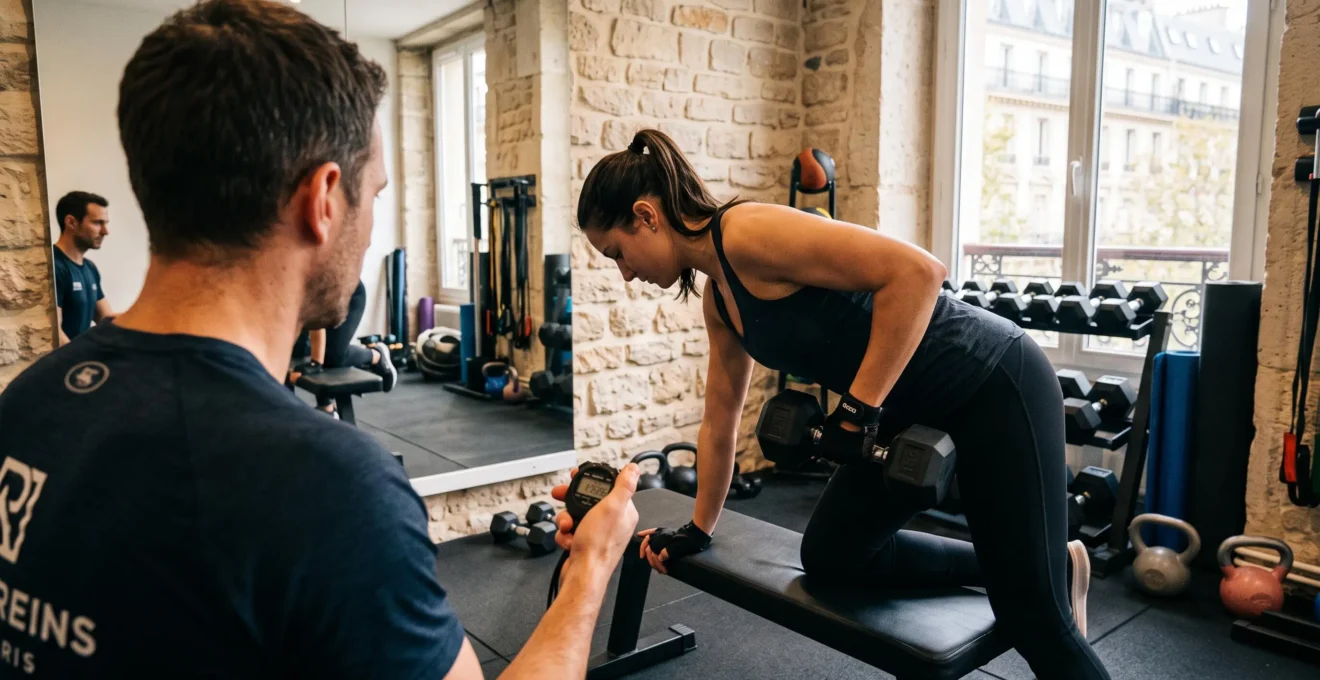 Un client exécute un tirage avec haltère sous l'œil attentif de son coach.